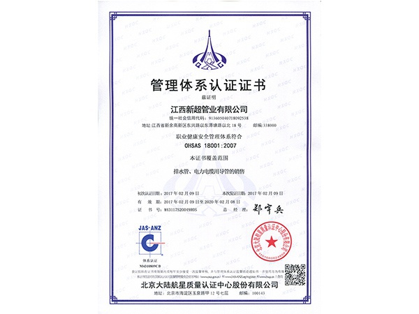 職業(yè)健康安全管理體系認(rèn)證書(shū)